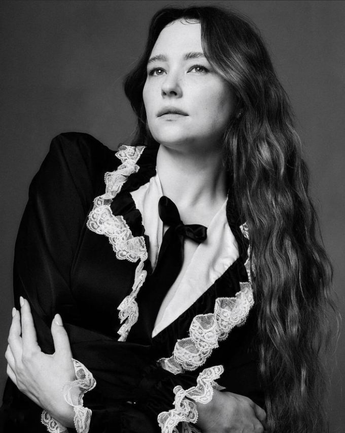 black and white color of a long hair lady