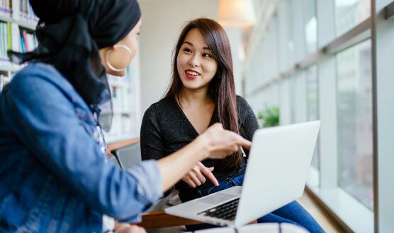 Picture of two professionals discussing something on a laptop screen